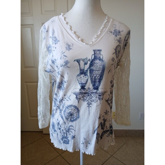 Cactus Women’s Blouse‎ Rinhestone  Vases Graphics T-Shirt Large Lace Sleeve Y2K - Picture 1 of 14